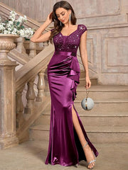 Women’s Classy Floral Lace Sequin Maxi Dress – Elegant Cap Sleeve Fishtail Prom & Cocktail Party Evening Gown
